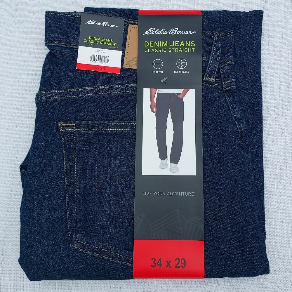 Men's Eddie Bauer Dark Blue Jeans Straight Leg Stretch 34x29 NWT